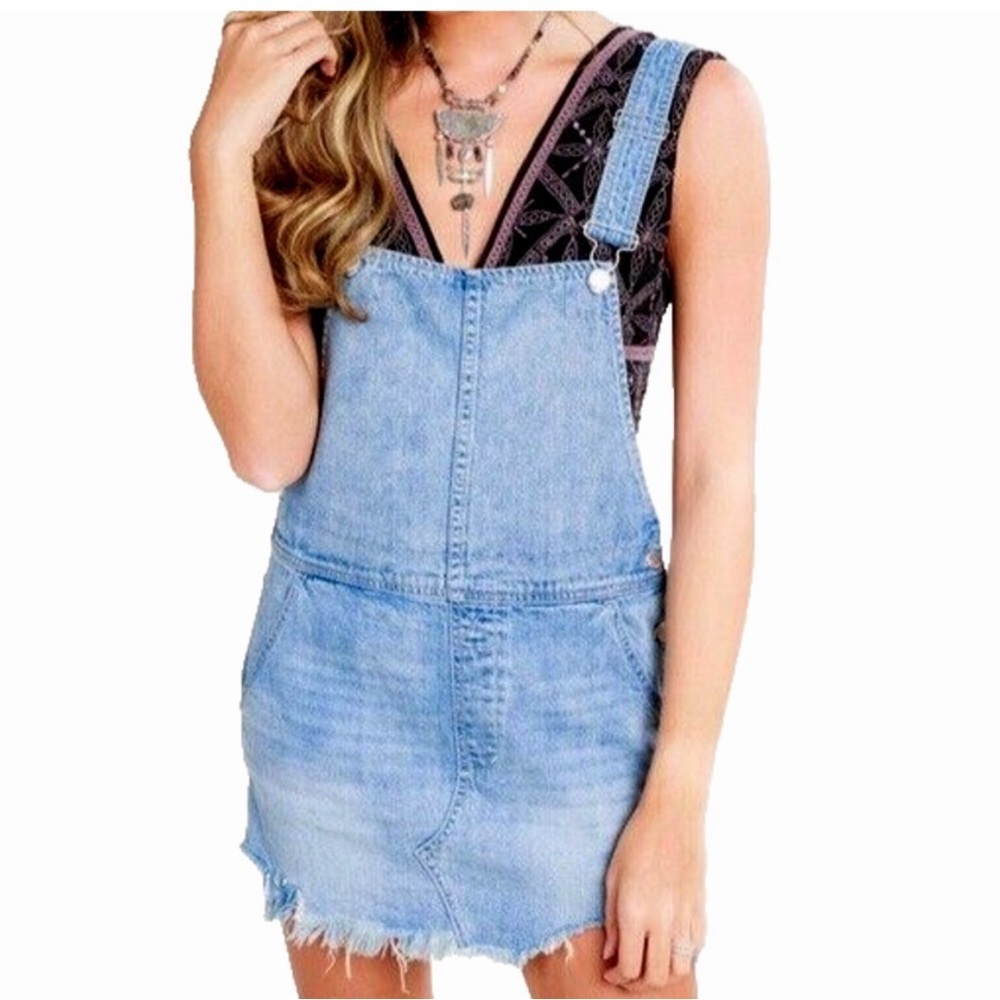 Free People Distressed Light Blue Denim Overall Dress Size 6